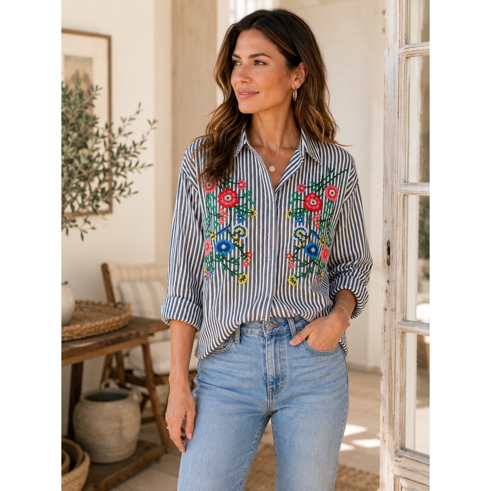 Walter Baker Becca Cotton Embroidered Stripe Shirt Floral Button Down S